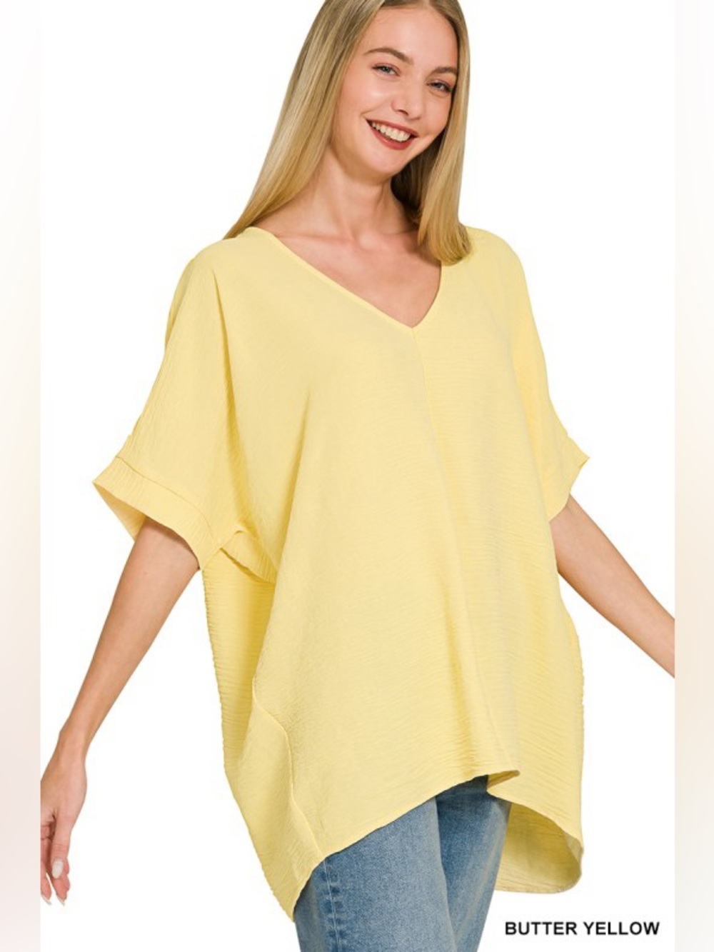 Zenana Butter Yellow Woven Airflow V-neck Dolman Short Sleeve Top